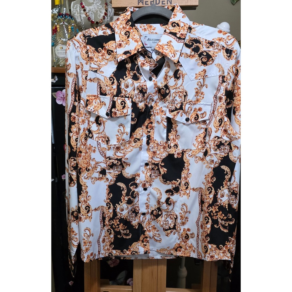 Ace of Diamond USA Western Baroque Snap Shirt Gold Black White Filigree Large